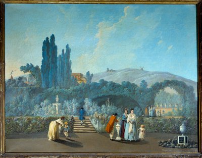 Näkymä Benfican puutarhoista Lissabonissa vuonna 1785 Jean Pillementin (1728-1808) akvarelli 1785 Pariisi, koristetaide tekijältä Jean Baptiste Pillement