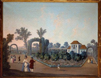 Näkymä Benfican puutarhoista Lissabonissa vuonna 1785 Jean Pillementin (1728-1808) akvarelli 1785 Pariisi, koristetaide tekijältä Jean Baptiste Pillement
