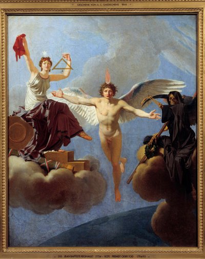 Vasemmalla La Liberte ou la Mort Allegorie de la Liberte, jota peittää Diademe de la Reason, Siecle des Lumieresin perintö. Vasemmalla kädellä hän käyttää neliötä ja lyijylankaa, jotka symboloivat tasa-arvoa kansalaisuudessa. Se ilmentää t:n arvoja tekijältä Jean Baptiste Regnault