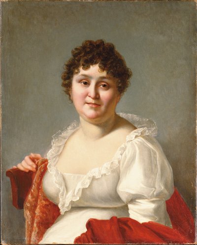 Madame Regnaultin muotokuva, rintakuva, valkoisessa mekossa ja kakihuivissa (öljy kankaalle) tekijältä Jean Baptiste Regnault