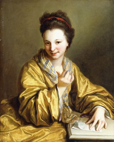 Nuori nainen, yllään keltainen kaapu, istuu pöydän ääressä, Beckoning, 1703 tekijältä Jean Baptiste Santerre