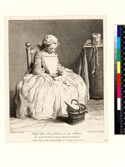 Pikkutyttö lounaansa kanssa (La Petite Fille aux Cerises), kaiverrus Charles Nicolas Cochin I (1688-1754) 1738 (etsaus ja kaiverrus) tekijältä Jean Baptiste Simeon (after) Chardin