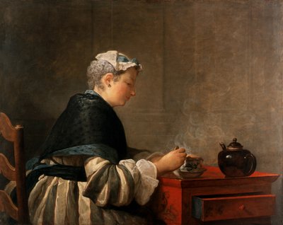 Nainen juomassa teetä, 1735 tekijältä Jean Baptiste Simeon Chardin