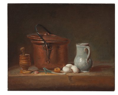 Hyllyllä kuparinen kattila, survin ja huhmare, kannu, valkosipuli, kananmuna ja sipuli tekijältä Jean-Baptiste Simeon Chardin