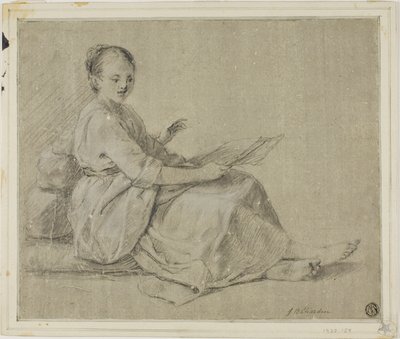 Paljasjalkainen nainen istuu maassa tekijältä Jean-Baptiste Simeon Chardin