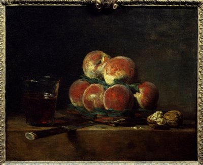 Peche-kori pähkinöillä, veitsi ja lasi viiniä Jean Baptiste Simeon Chardinin (1699-1779) maalaus 1768 Dim. 0,32x0,39 m Pariisi, Musee du Louvre tekijältä Jean-Baptiste Simeon Chardin
