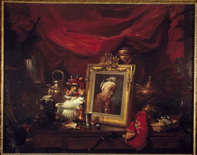 Chardin ja hänen mallinsa. Taulukko taulukossa (abyme). Jean Baptiste Simeon Chardinia (1699-1779) kuvaava maalaus ympäröi asetelmia. Philippe Rousseaun (1816-1887) maalaus 1867 su. 1,77x2,26 m Pariisi, museo d