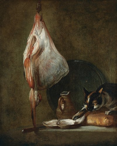 Asetelma kissan ja rauskun kanssa tekijältä Jean Baptiste Simeon Chardin