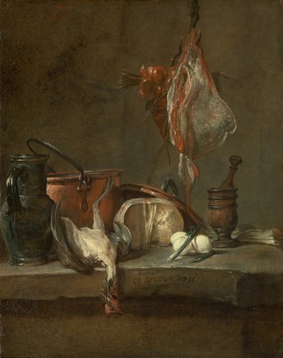 Asetelma säteen ja sipulikorin kanssa, 1731 tekijältä Jean Baptiste Simeon Chardin