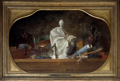 Attribuutit Arts Allegory of Arts kanssa kuvanveistäjä työkaluja, patsas. Jean Baptiste Simeon Chardinin (1699-1779) maalaus 1765 su. 0,91x1,45 m tekijältä Jean Baptiste Simeon Chardin