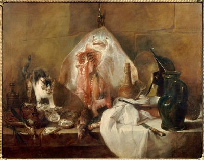 Kalojen asetelma, ostereita, kannu. Jean Baptiste Simeon Chardinin (1699-1779) maalaus 1727 su. 1,14 x 1,46 m Pariisi. Louvren taidemuseo tekijältä Jean Baptiste Simeon Chardin