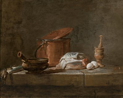 Purjosipulit, kattila, jossa on liina, kuparipata ja kansi, sipuli ja munat, murskain ja morttel, kivijalkalistalla tekijältä Jean-Baptiste Simeon Chardin
