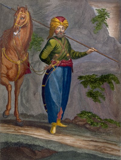 Spahi, levy 34 Charles de Ferriolin kokoelmasta "Sata vedosta, jotka edustavat Levantin eri kansakuntia", kaiverrus Gerard Scotin (1671-1716), 1707-08 tekijältä Jean Baptiste Vanmour