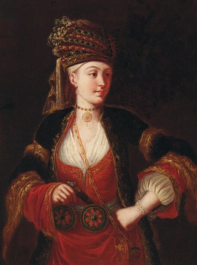 Nainen, kolme neljäsosaa, itämaisessa asussa tekijältä Jean Baptiste Vanmour