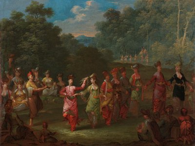 Kreikkalaisia miehiä ja naisia tanssimassa khorraa, n.1720-37. tekijältä Jean Baptiste Vanmour