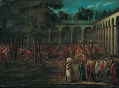 Suurlähettiläsvaltuuskunta kulkee Topkapın palatsin toisen sisäpihan läpi. tekijältä Jean Baptiste Vanmour