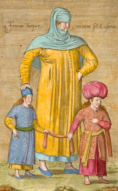 Nainen johdattaa lapsiaan, lautanen Charles de Ferriolin kokoelmasta Sata vedosta, jotka edustavat Levantin eri kansakuntia, 1707-08 tekijältä Jean Baptiste Vanmour