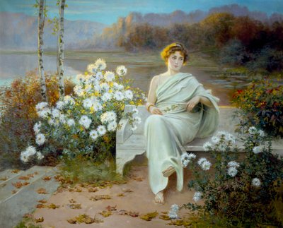 Antiikin Rooma: "Reverie" Nuori nainen istuu penkillä kukkivassa puutarhassa, katse ajatuksiin vaipuneena. Jean Beauduinin (1851-1916) maalaus 1901 Yksityiskokoelma. tekijältä Jean Beauduin