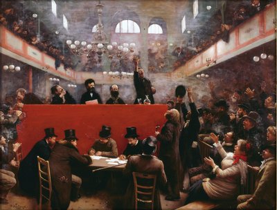 Graffardin kokoussalissa (Reunion a la salle Graffard) (sijaitsee osoitteessa 138, boulevard de Menilmontant Pariisissa), kirjoittanut Beraud, Jean (1849-1936) tekijältä Jean Beraud