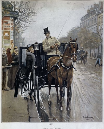 Tyylikäs nainen vaunuissa Pariisissa: "We returnees" - kuvitus Jean BERAUD (1849 - 1935), 1800-luvun loppu. tekijältä Jean Beraud