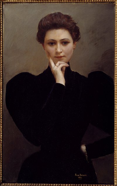 Meditaatio Mietteliäs nuori nainen pukeutunut muotiin Belle Epoque. Jean Beraud