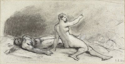 Alaston nainen istuu alaston miehen kanssa unessa (recto); Naisen vartalo takaa katsottuna (verso) tekijältä Jean Beraud