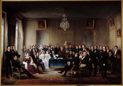 Runoilija ja näytelmäkirjailija Francois Guillaume Andrieux lukee tragediansa Junius Brutus "" Comedie Francaisen aulassa 26.5.1828" Lahjoissa Alexandre Dumas, Pierre Nicolas Michelot, Jean Francois Becquerel, Firmin, Victor Hugo, Eugene tekijältä Jean Beraud