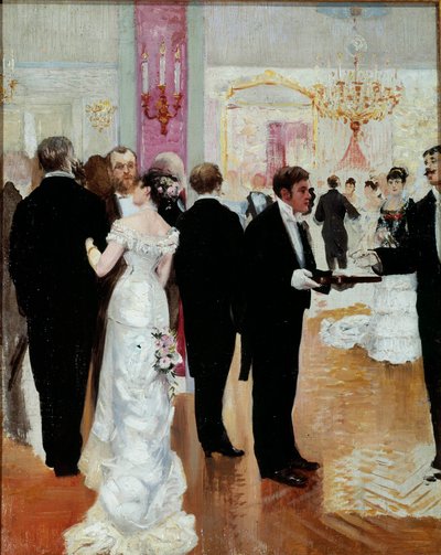 Vastaanotto Sosiaalinen ilta Belle Epoquen pariisilaisessa yhteiskunnassa. Jean Beraud