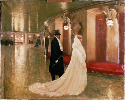 Tilaajat - elegantti pariskunta astuu Pariisin oopperan aulaan (öljy kankaalle) tekijältä Jean Beraud