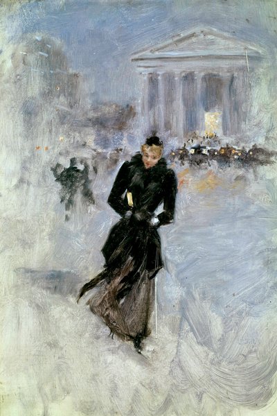 Nuori tyylikäs nainen boalla rue Royalella Pariisissa Jean Beraud