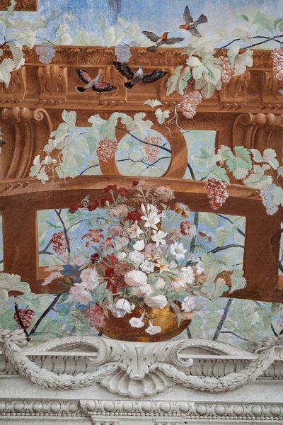 Viiniköynnöksen versoja, viinirypäleitä, kukkia ja lintuja, yksityiskohta tekijältä Jean Boulanger