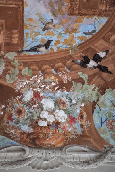 Viiniköynnöksen versoja, viinirypäleitä, kukkia ja lintuja, yksityiskohta tekijältä Jean Boulanger