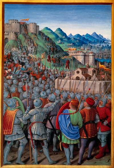 Genois hyökkäsi ranskalaisten Castellacio de Genesin vartijaa vastaan (12. maaliskuuta 1507). Jean Bourdichonin (1457? - 1521) pienoismalli teoksessa "" Voyage de Genes"" (Folio 20v), kirjoittanut Jean Marot, v.1508. Pariisi, NL tekijältä Jean Bourdichon
