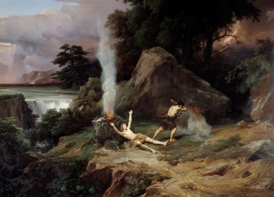 Abel Cainin mustasukkainen kuolema tappaa hänen veljensä Abelin. Jean Charles Remondin (1795-1875) maalaus 1838 su. 2,65x3,98 m Montpellier musee Fabre tekijältä Jean Charles Joseph Rémond