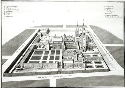 Näkymä Saint-Germain-des-Presin luostarista ennen vuotta 1640, kaiverrettu Antoine Herisset (1685-1769) tekijältä Jean Chaufourier
