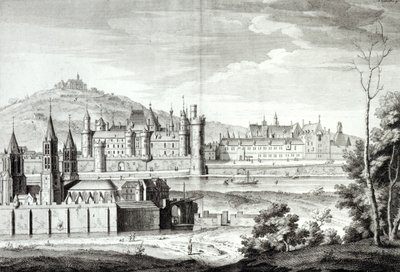 Näkymä Saint-Germain-des-Presin luostarista, Louvresta, Petit Bourbonista, Montmartresta ja Seine-joesta vuonna 1410, kaiverrettu Antoine Herisset (1685-1769) tekijältä Jean Chaufourier