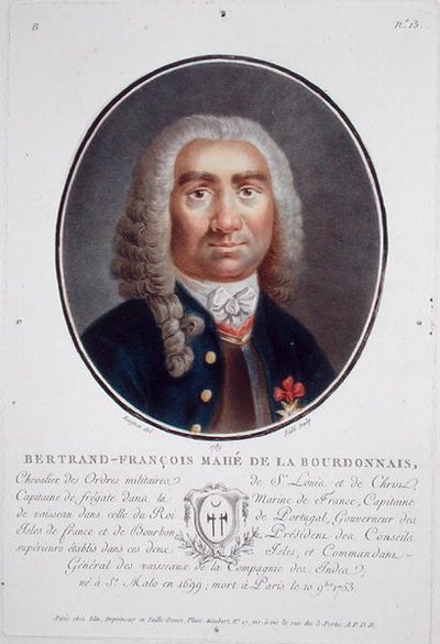 Bertrand-Francois Mahe de la Bourdonnais (1699-1753) teoksesta "Muotokuvia suurista miehistä, maineikkaista naisista ja ikimuistoisista Ranskan kohteista", Riden kaivertama, julkaistu 1787-92 (värilitho) tekijältä Jean Claude (after) Naigeon