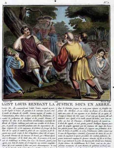 Pyhä Ludvig (1215-70) antaa oikeutta puun alla, kaivertaja Jean Baptiste Morret (1790-1820) 1789 (värillinen kaiverrus). tekijältä Jean Claude (after) Naigeon