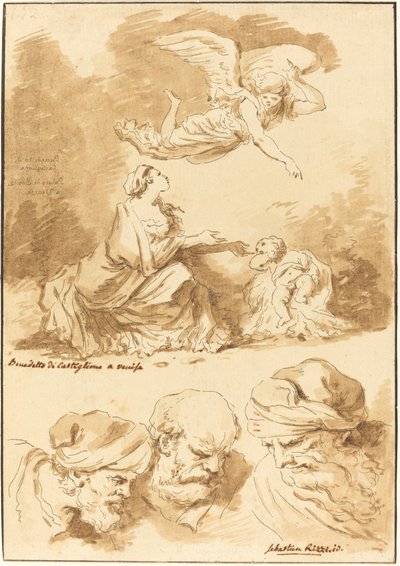Enkelin lohduttama Hagar (Castiglionen maalauksesta) ja Kolme vanhan miehen päätä (Riccin maalauksesta Jeesuksesta ja avioliitosta) tekijältä Jean Claude Richard de Saint Non after Jean Honoré Fragonard