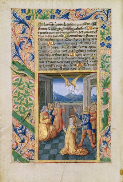 neiti Lat. Q.v.I.126 f.45v Judith rukoilee, Louis dOrleansin tuntikirjasta, 1490 tekijältä Jean Colombe