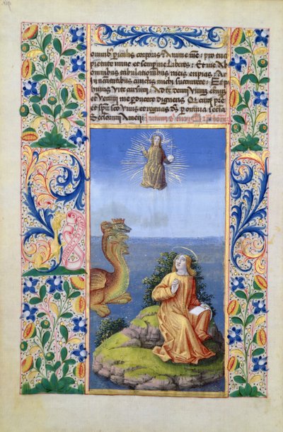 neiti Lat. Q.v.I.126 f.96v Pyhä Johannes evankelista Patmoksen saarella, Louis dOrleansin tuntikirjasta, 1469 tekijältä Jean Colombe