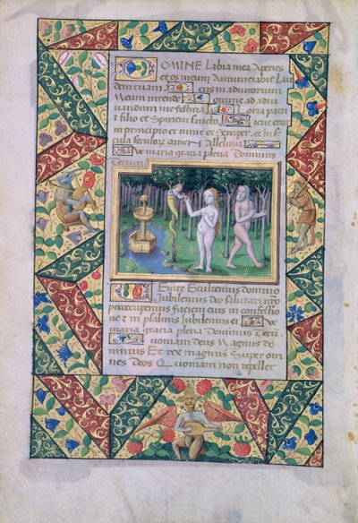 neiti Lat. Q.v.I.126 fol.12v Kiusaus Eedenin puutarhassa, Louis dOrleansin tuntien kirjasta, 1490 tekijältä Jean Colombe