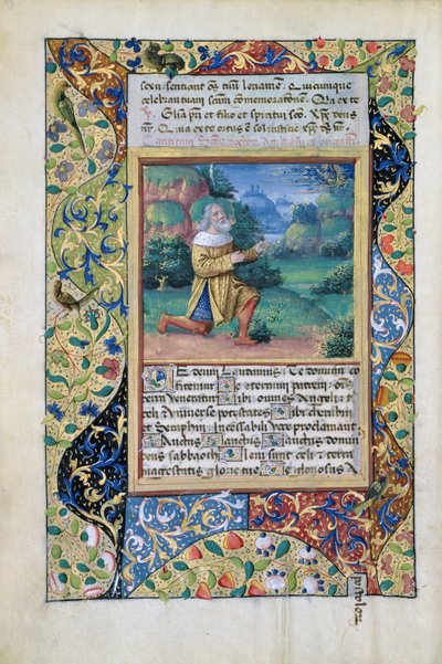 neiti Lat. Q.v.I.126 fol.17v Kuningas Daavid katumuksessa Isän Jumalan edessä, Louis dOrleansin tuntikirjasta, 1490 tekijältä Jean Colombe