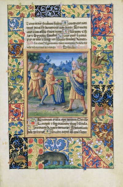 neiti Lat. Q.v.I.126 fol.21 Josephin veljet näyttämässä isälleen todisteita siitä, että Joseph on kuollut, Louis dOrleansin tuntikirjasta, 1490 tekijältä Jean Colombe