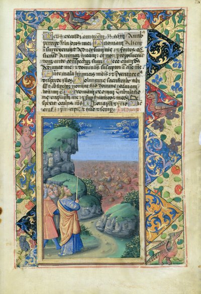 neiti Lat. Q.v.I.126 fol.26 Mooses ja israelilaiset katsomassa egyptiläisten hukkuvan mereen, Louis dOrleansin tuntien kirjasta, 1490 tekijältä Jean Colombe