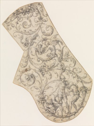 Suunnittelu oikealle Pauldronille paraatipanssarista, n. 1555. tekijältä Jean Cousin the Elder.