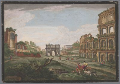 Näkymä Konstantinuksen kaaren ja Colosseumin raunioista Roomassa Rome ancienne (otsikko esineessä) tekijältä Jean Daullé