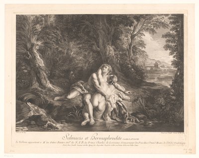 Hermaphroditus, jota Salmacis syleili Salmacis ja Hermafrodite. (otsikko esineessä) tekijältä Jean Daullé