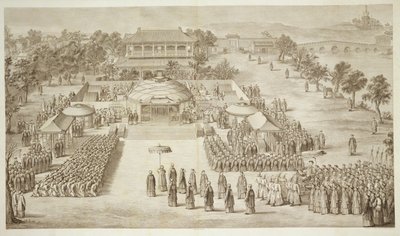 Keisari Qianlong vastaanottaa valloitettujen eleuthien (Tartar Kalmucks) -levyn 2 sarjasta printtejä, jotka edustavat Kiinan keisarin valloitusta, kaiverrettu Jacques Philippe Le tekijältä Jean Denis Attiret