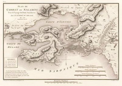 Jean Denis Barbie du Bocagen (1760-1825) kirjasta Voyage du Jeune Anacharsis en Grece (Anan matkat) Pour le Voyage du Jeune Anacharsis (Salamin taistelun suunnitelma 480 eKr.) tekijältä Jean Denis Barbie du Bocage